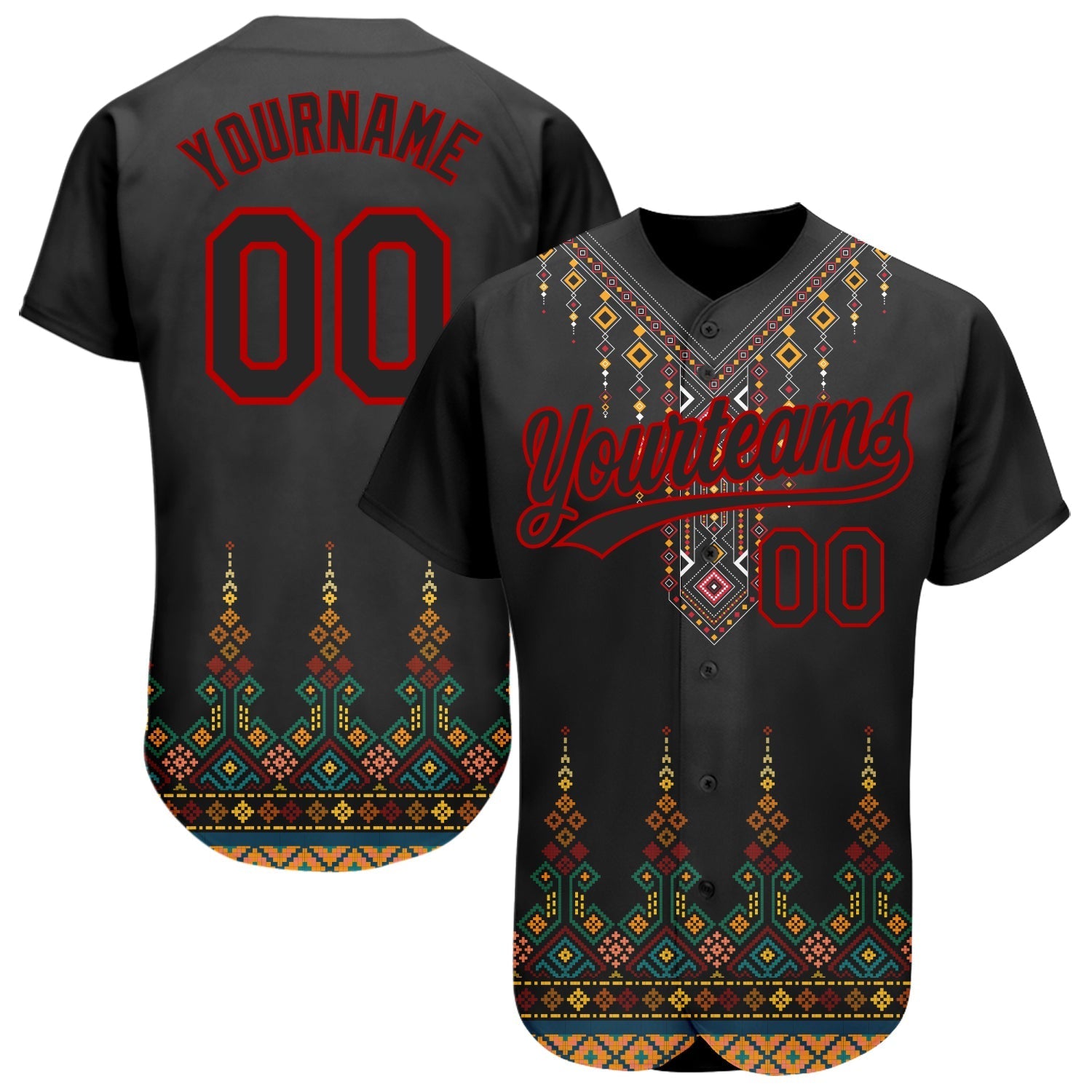 Custom Black Red 3D Pattern Design Traditional African Ethnic Style Authentic Baseball Jersey baseball jersey product view 1