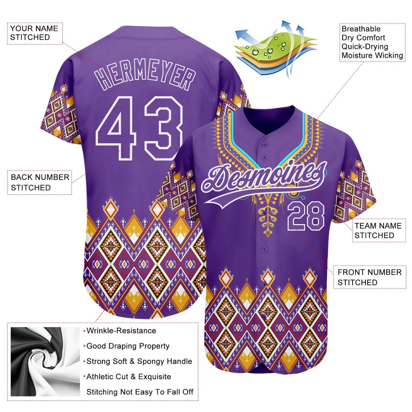 Custom Purple White 3D Pattern Design Traditional African Ethnic Style Authentic Baseball Jersey baseball jersey product view 2