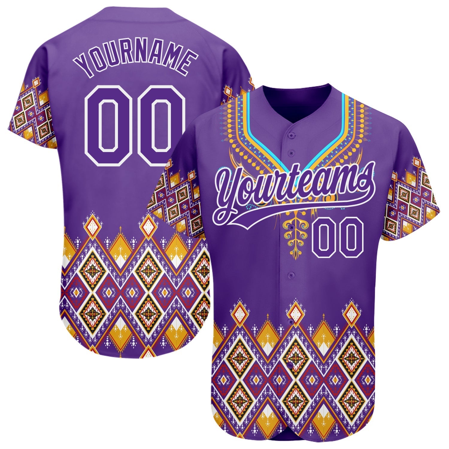 Custom Purple White 3D Pattern Design Traditional African Ethnic Style Authentic Baseball Jersey baseball jersey product view 1