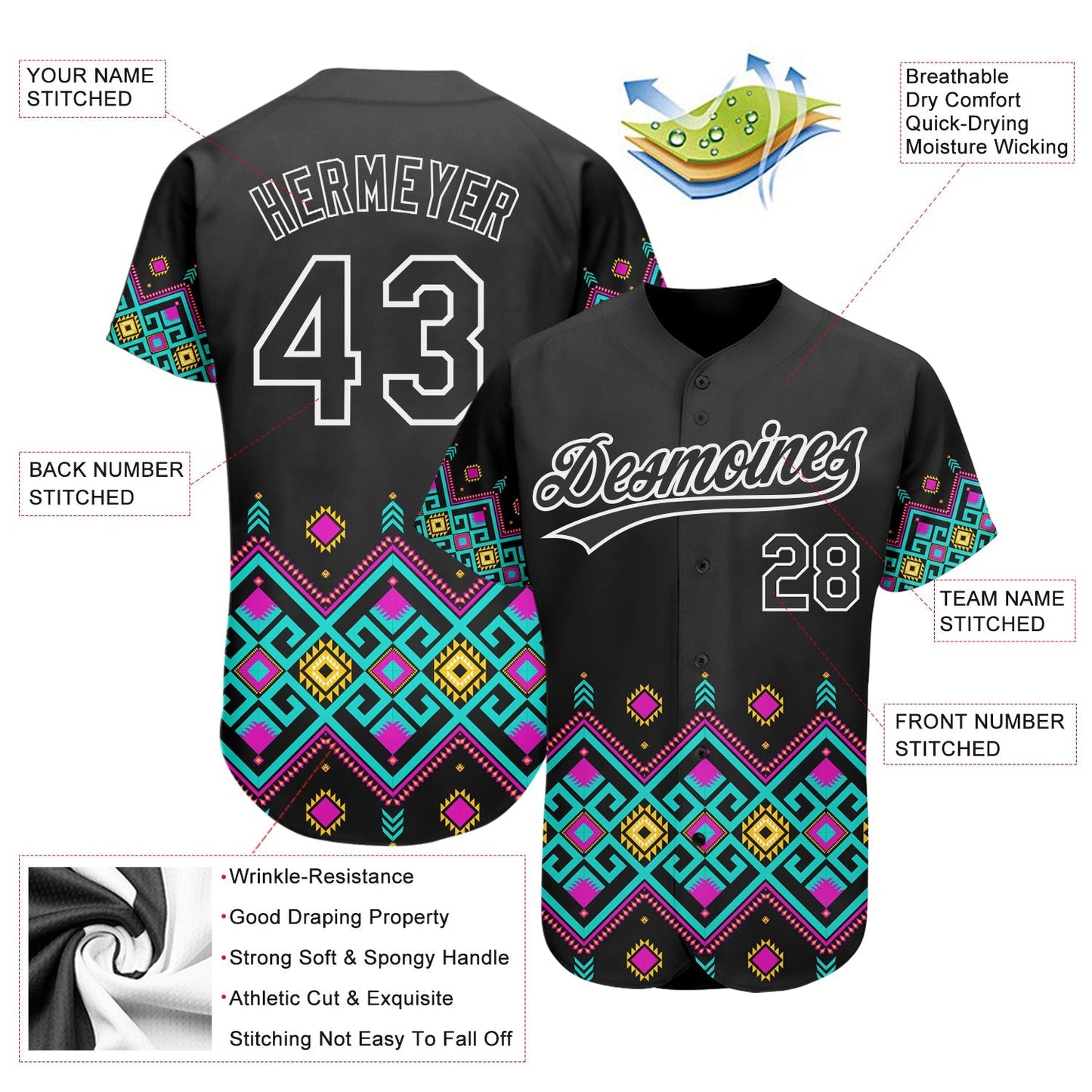 Custom Black White 3D Pattern Design Traditional African Ethnic Style Authentic Baseball Jersey baseball jersey product view 2