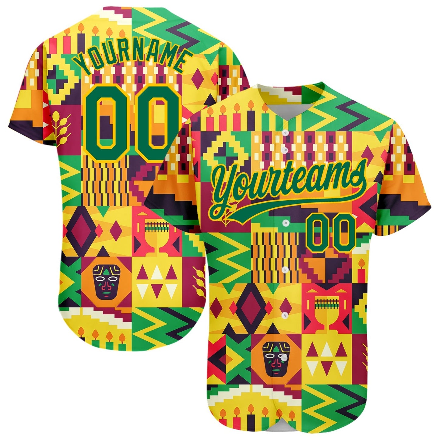 Custom Yellow Kelly Green 3D Pattern Design African Happy Kwanzaa Authentic Baseball Jersey baseball jersey product view 1