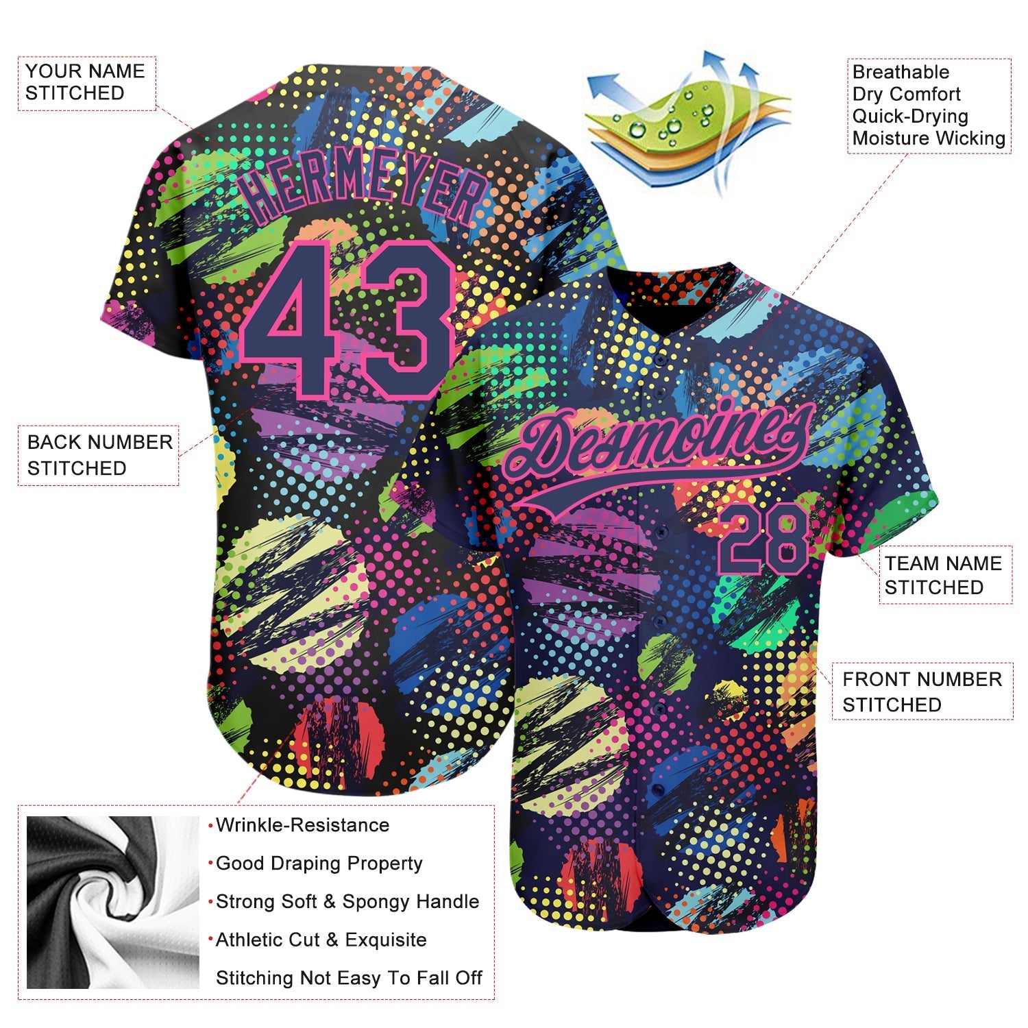 Custom Navy Pink 3D Pattern Design Abstract Halftone Circles Zigzag Style Authentic Baseball Jersey baseball jersey product view 2