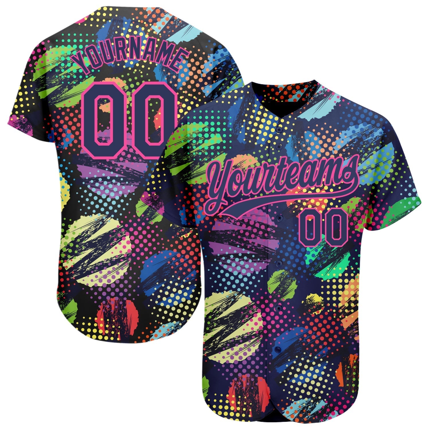 Custom Navy Pink 3D Pattern Design Abstract Halftone Circles Zigzag Style Authentic Baseball Jersey baseball jersey product view 1
