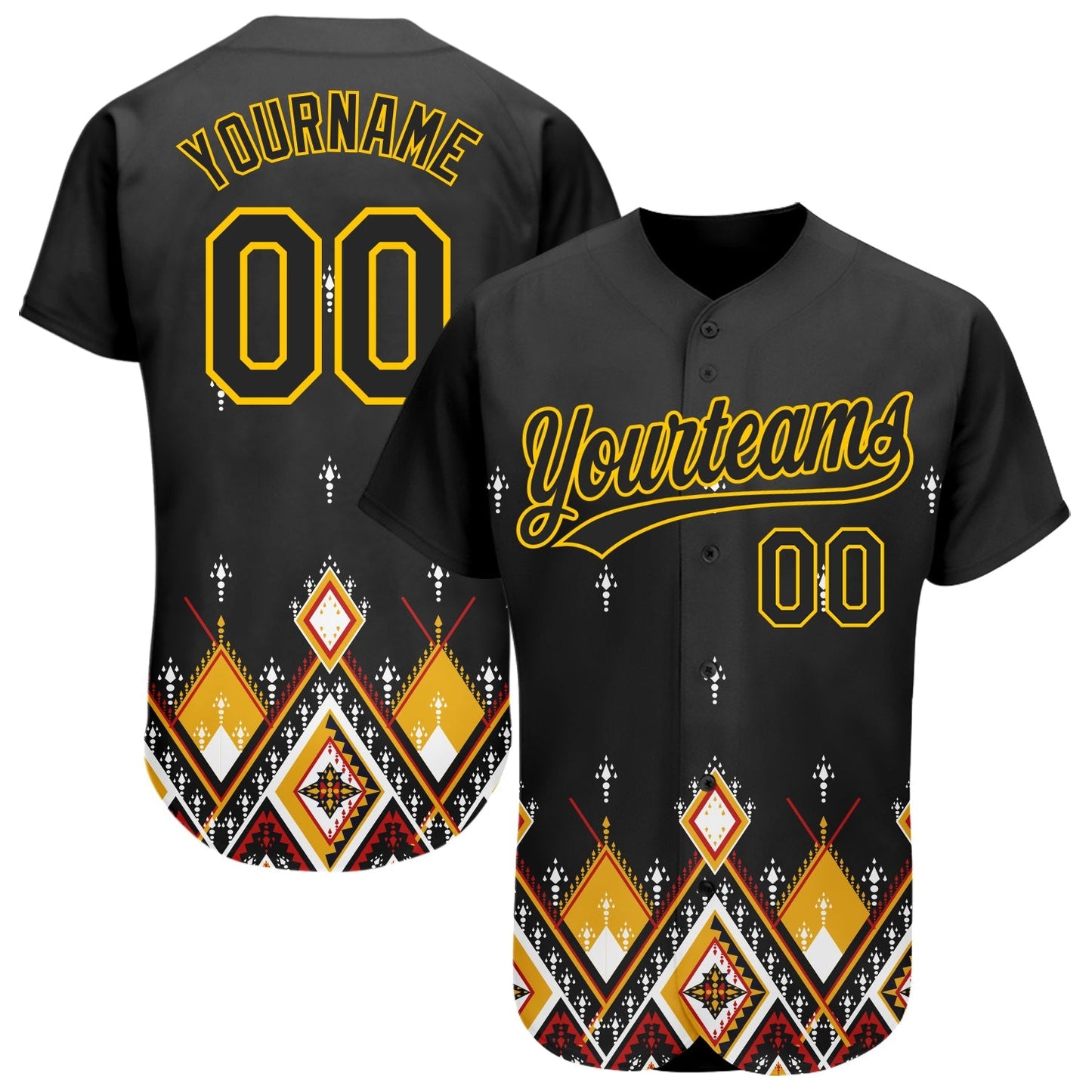 Custom Black Yellow 3D Pattern Design Geometric African Ethnic Style Authentic Baseball Jersey baseball jersey product view 1