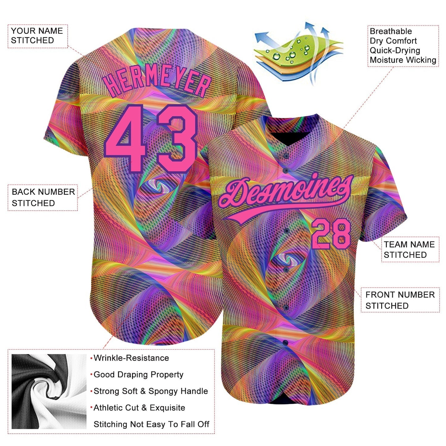 Custom Purple Pink 3D Pattern Design Abstract Fractal Style Authentic Baseball Jersey baseball jersey product view 2
