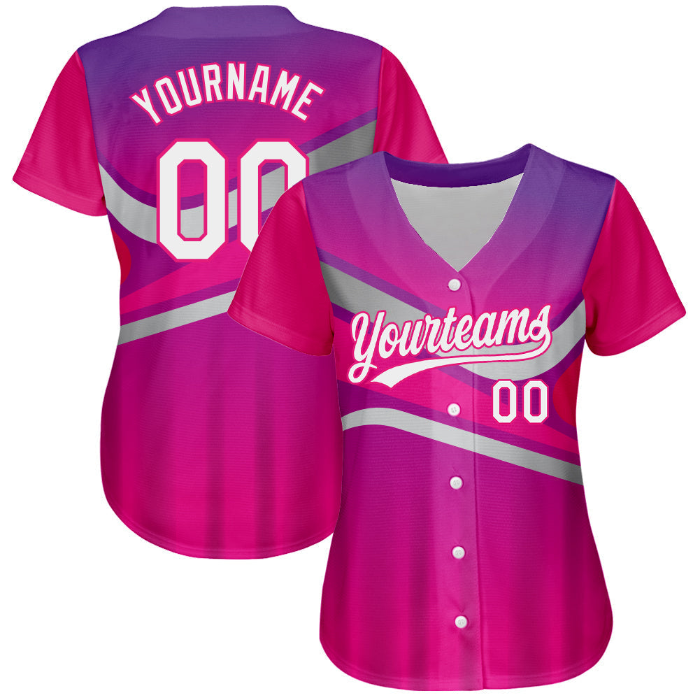Custom Purple White-Hot Pink 3D Pattern Design Abstract Sport Authentic Baseball Jersey baseball jersey product view 2