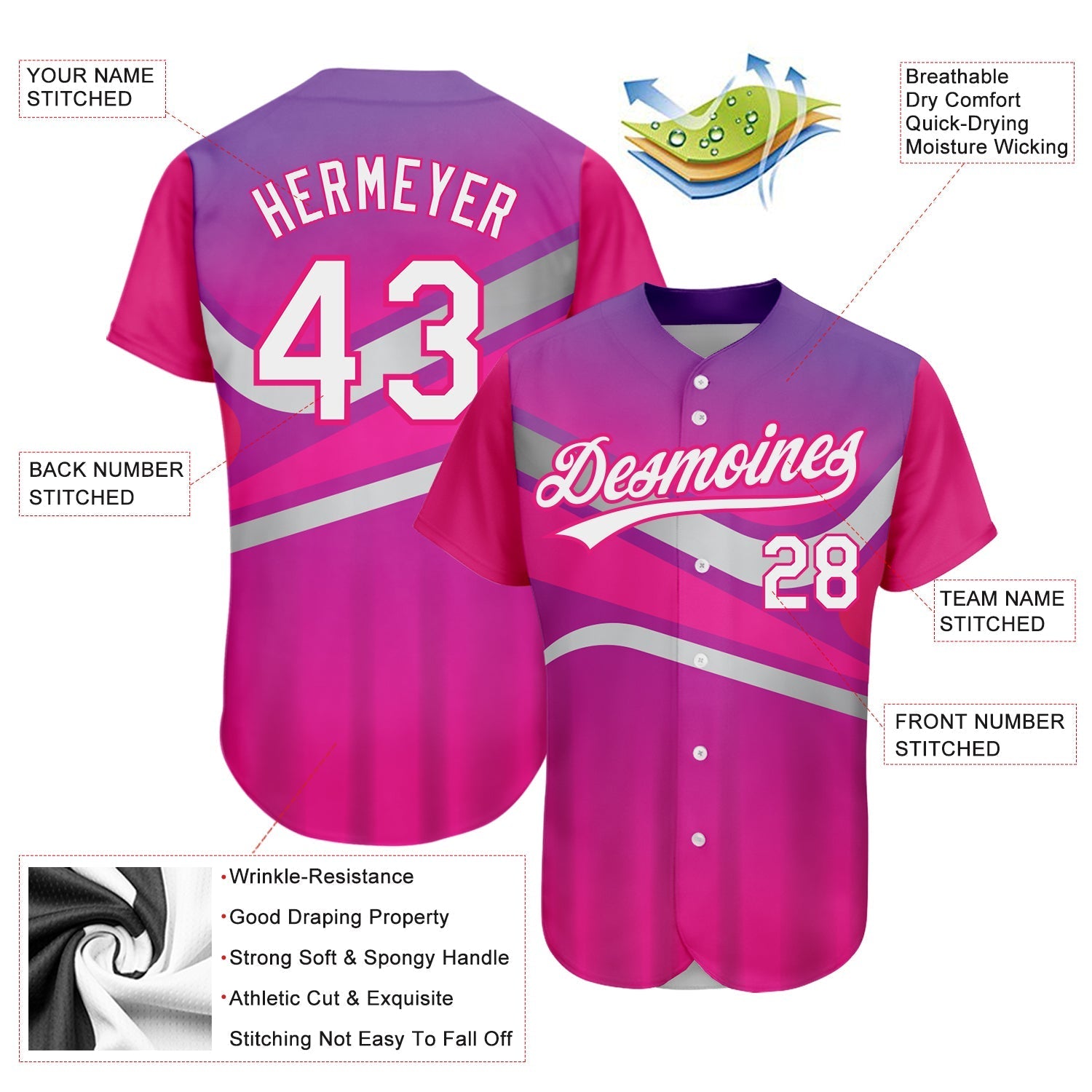 Custom Purple White-Hot Pink 3D Pattern Design Abstract Sport Authentic Baseball Jersey baseball jersey product view 3