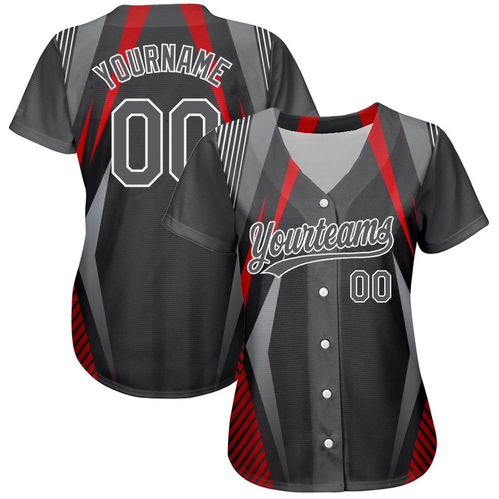 Custom Steel Gray Red-White 3D Pattern Design Abstract Sport Authentic Baseball Jersey baseball jersey product view 2