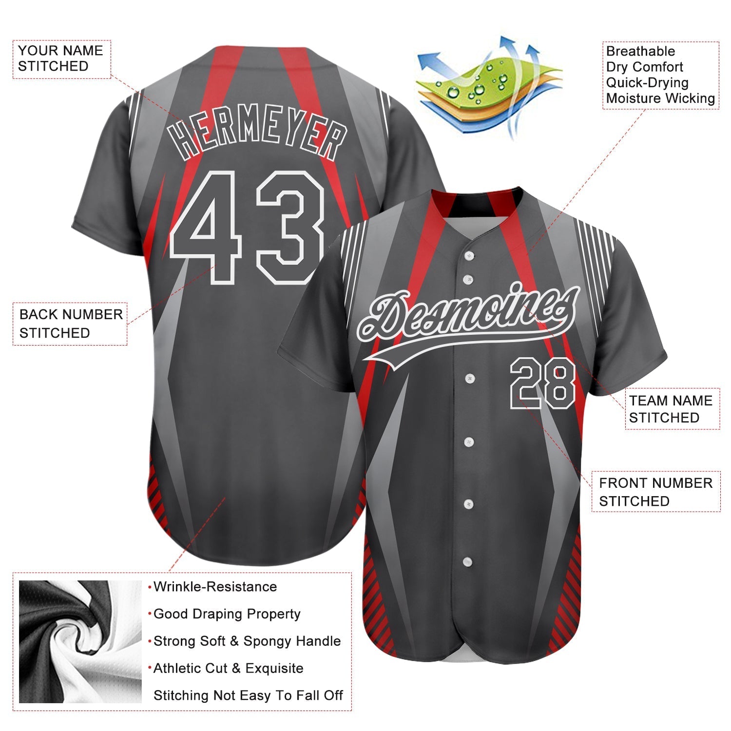 Custom Steel Gray Red-White 3D Pattern Design Abstract Sport Authentic Baseball Jersey baseball jersey product view 3
