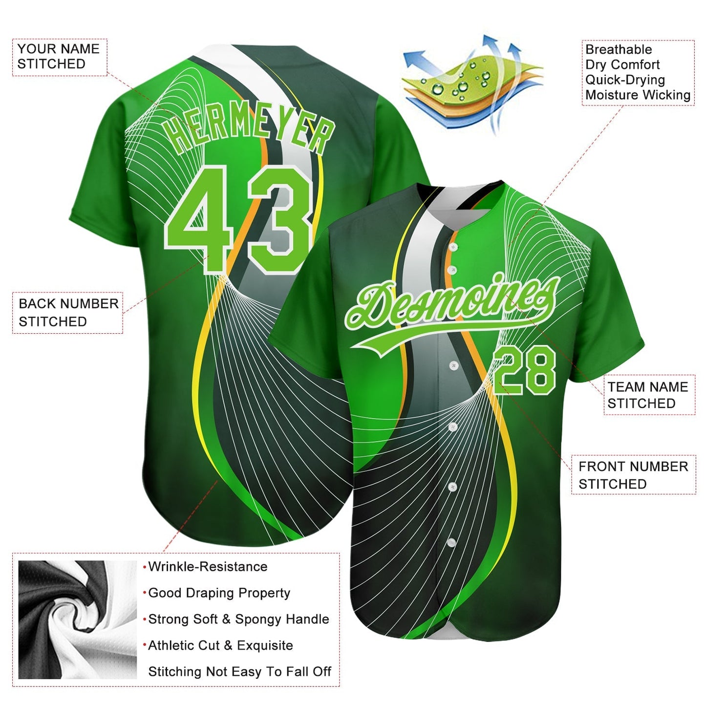 Custom Aurora Green Green-White 3D Pattern Design Abstract Sport Authentic Baseball Jersey baseball jersey product view 3
