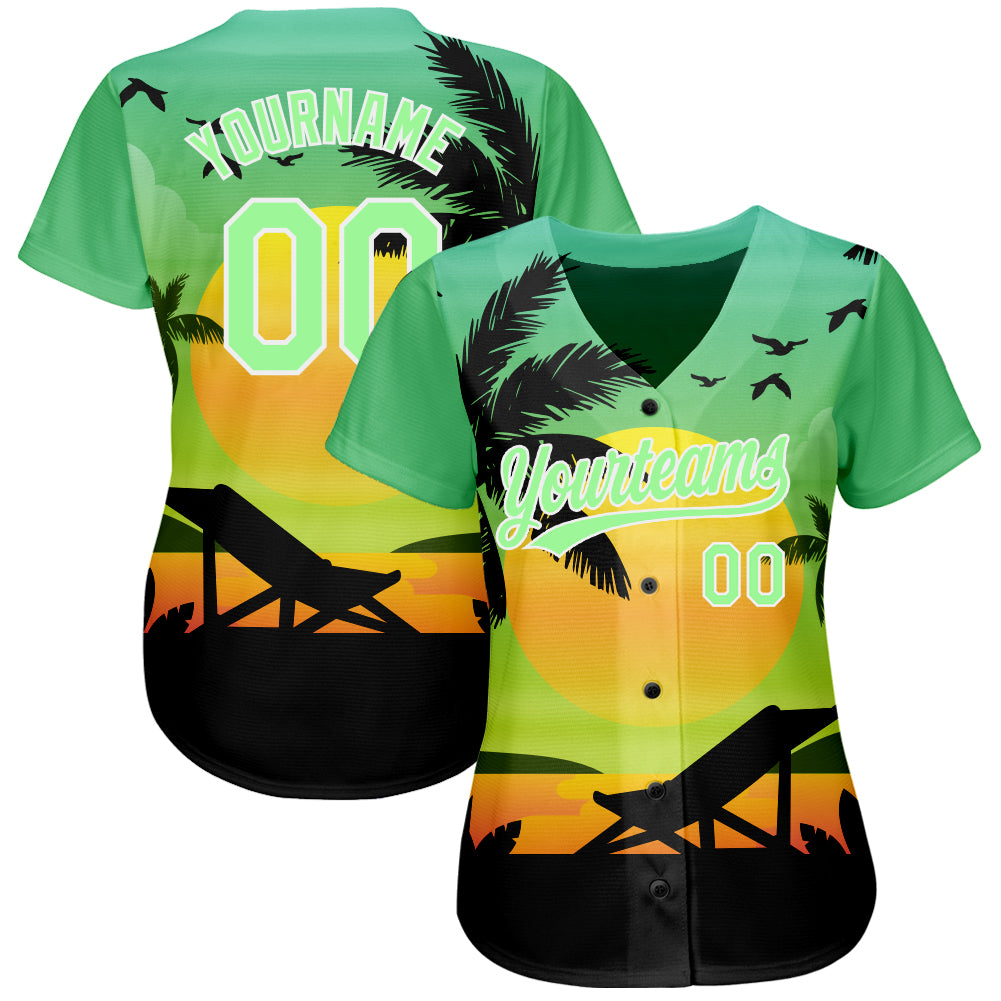 Custom Pea Green Black-White 3D Pattern Design Hawaii Palm Trees And Beach Sunset Authentic Baseball Jersey baseball jersey product view 3