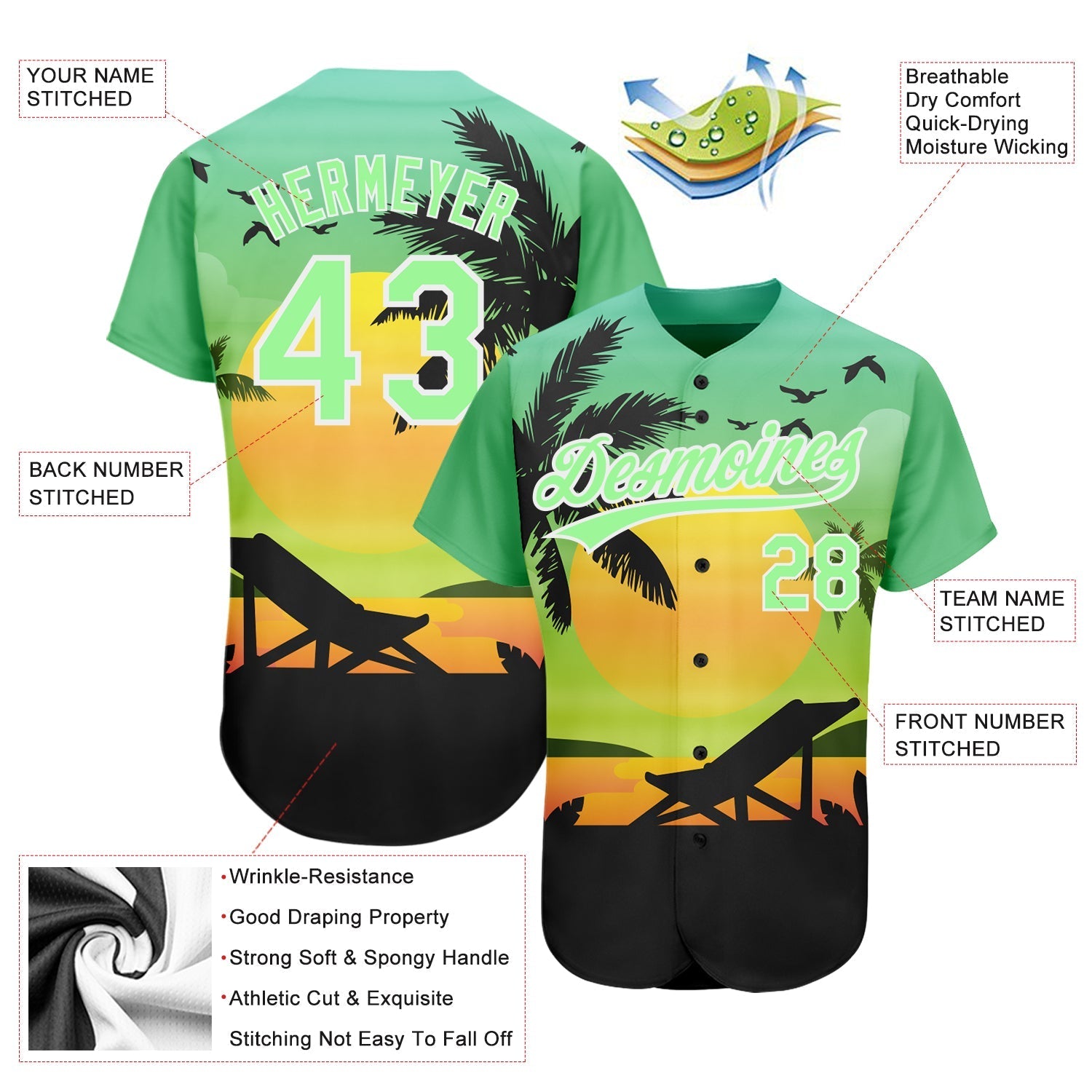 Custom Pea Green Black-White 3D Pattern Design Hawaii Palm Trees And Beach Sunset Authentic Baseball Jersey baseball jersey product view 4