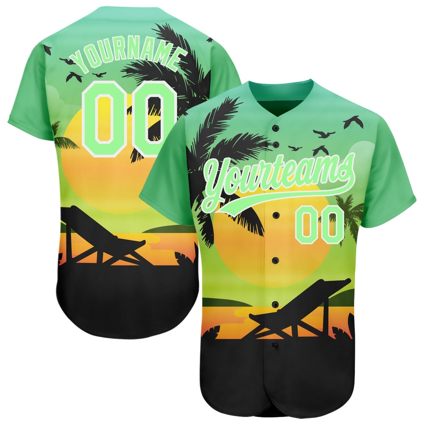 Custom Pea Green Black-White 3D Pattern Design Hawaii Palm Trees And Beach Sunset Authentic Baseball Jersey baseball jersey product view 1