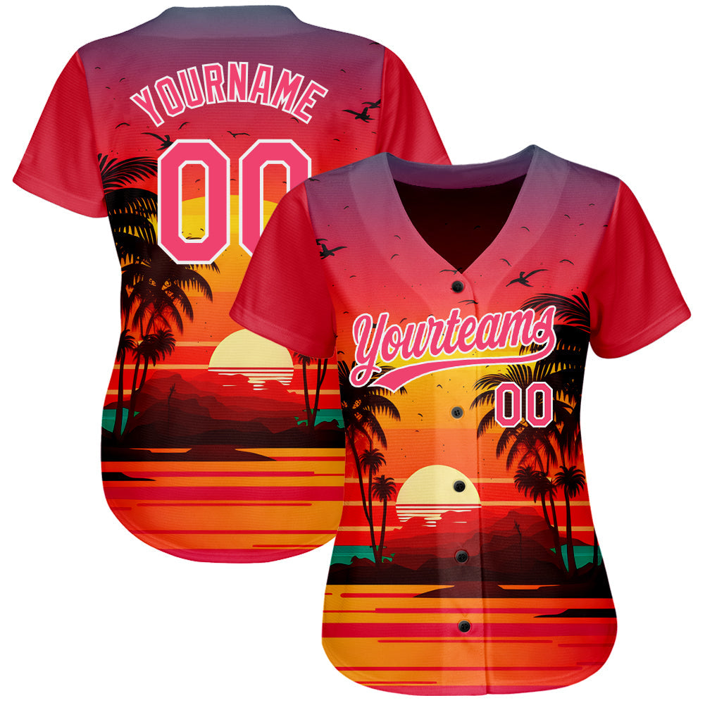 Custom Neon Pink White 3D Pattern Design Hawaii Palm Trees And Beach Sunrise Authentic Baseball Jersey baseball jersey product view 2