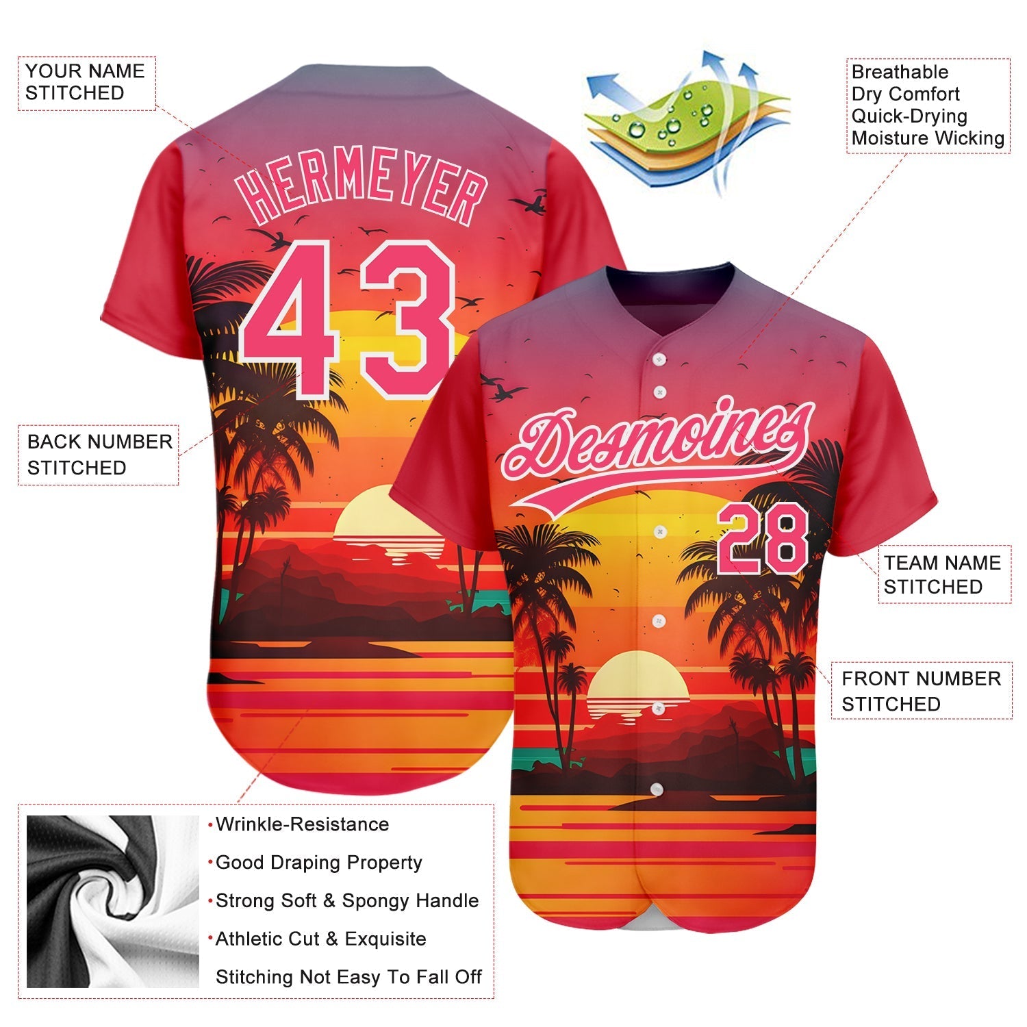 Custom Neon Pink White 3D Pattern Design Hawaii Palm Trees And Beach Sunrise Authentic Baseball Jersey baseball jersey product view 3