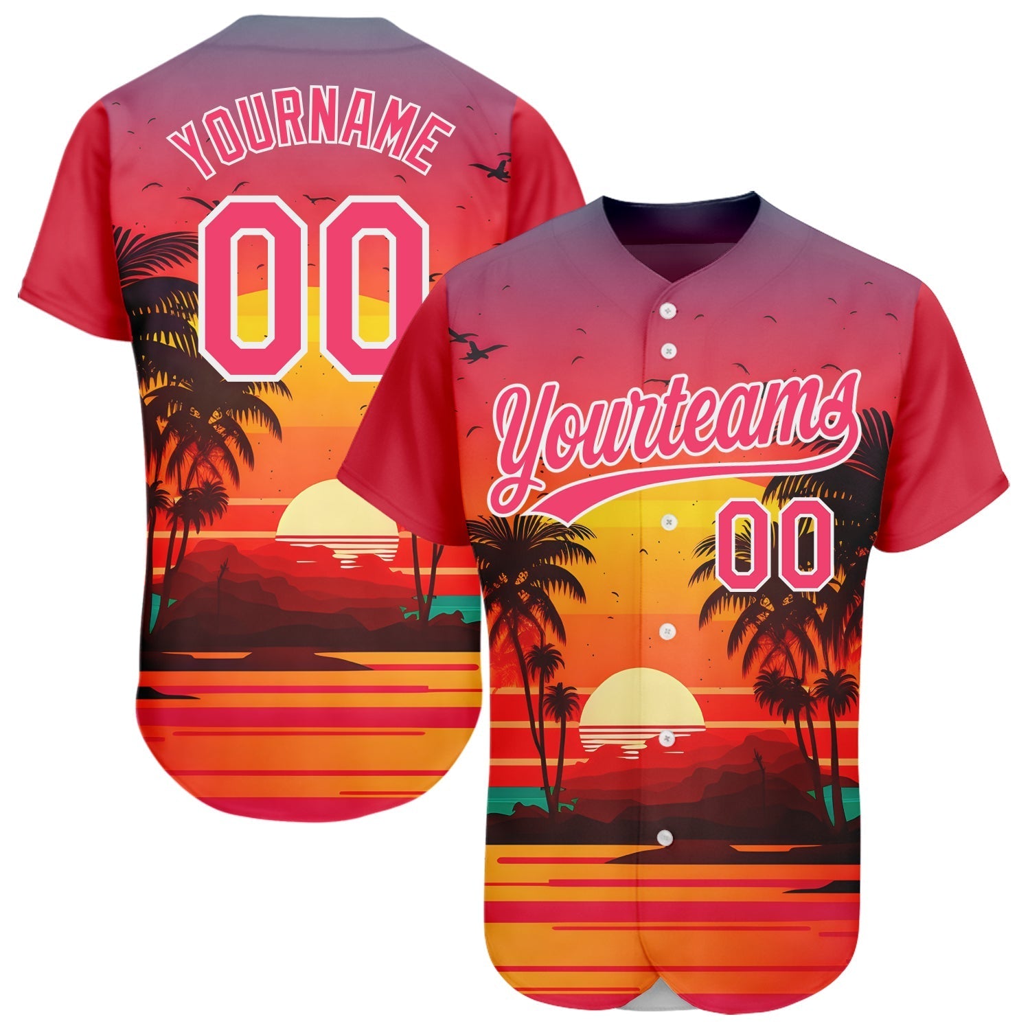 Custom Neon Pink White 3D Pattern Design Hawaii Palm Trees And Beach Sunrise Authentic Baseball Jersey baseball jersey product view 1