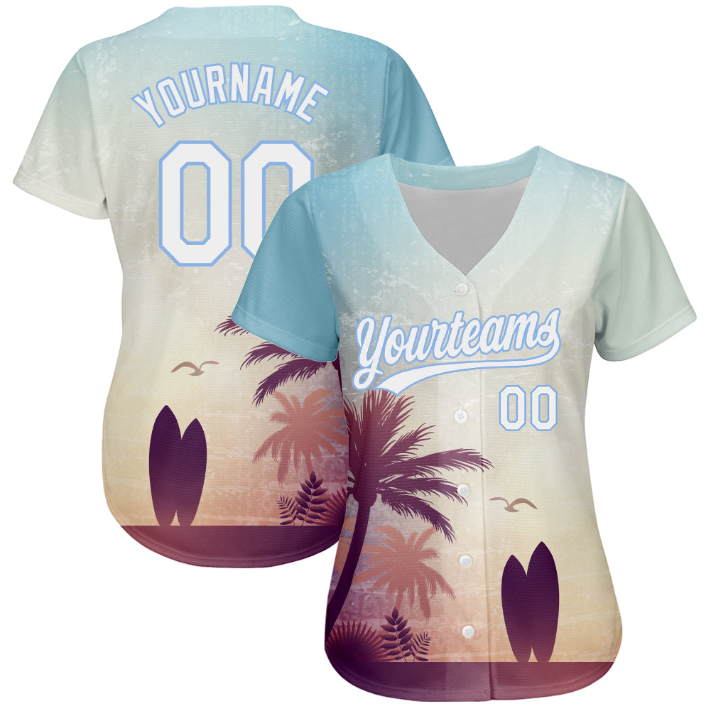 Custom Light Blue White 3D Pattern Design Hawaii Palm Trees And Beach Dusk Authentic Baseball Jersey baseball jersey product view 2