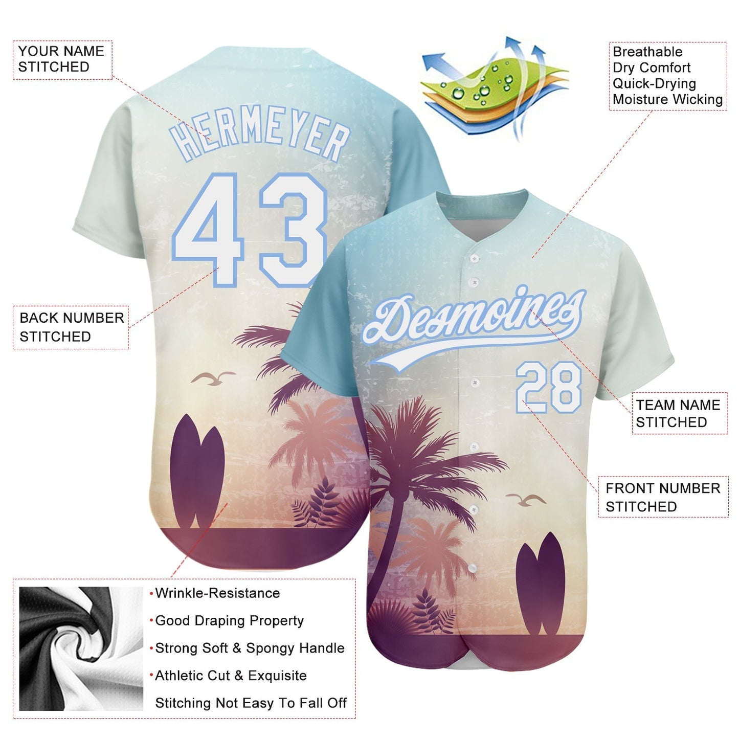 Custom Light Blue White 3D Pattern Design Hawaii Palm Trees And Beach Dusk Authentic Baseball Jersey baseball jersey product view 3