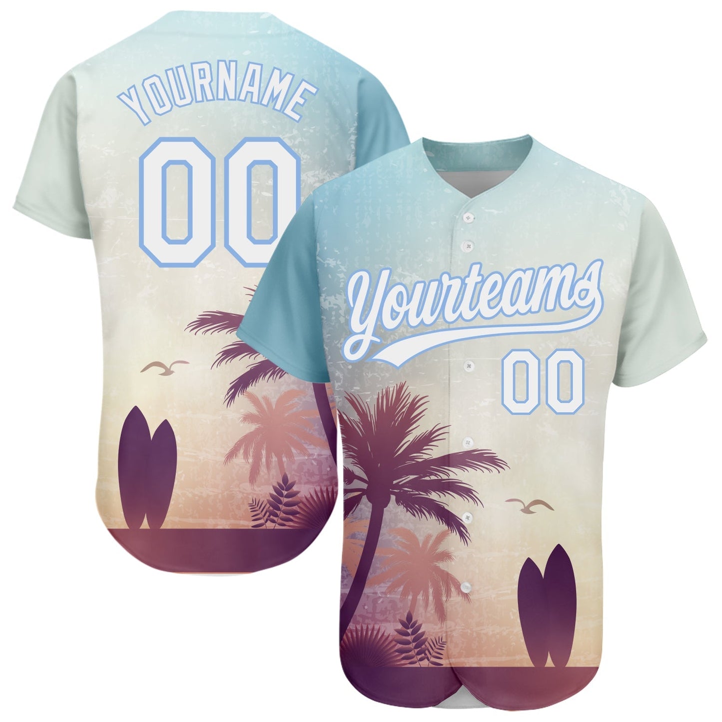 Custom Light Blue White 3D Pattern Design Hawaii Palm Trees And Beach Dusk Authentic Baseball Jersey baseball jersey product view 1
