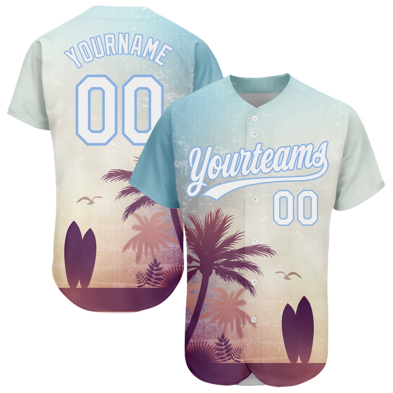 Custom Light Blue White 3D Pattern Design Hawaii Palm Trees And Beach Dusk Authentic Baseball Jersey baseball jersey product view 1