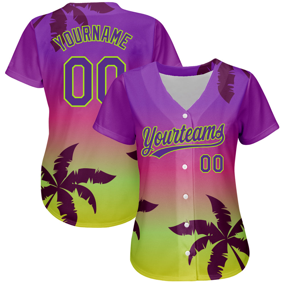 Custom Purple Neon Green 3D Pattern Design Hawaii Palm Trees Authentic Baseball Jersey baseball jersey product view 2
