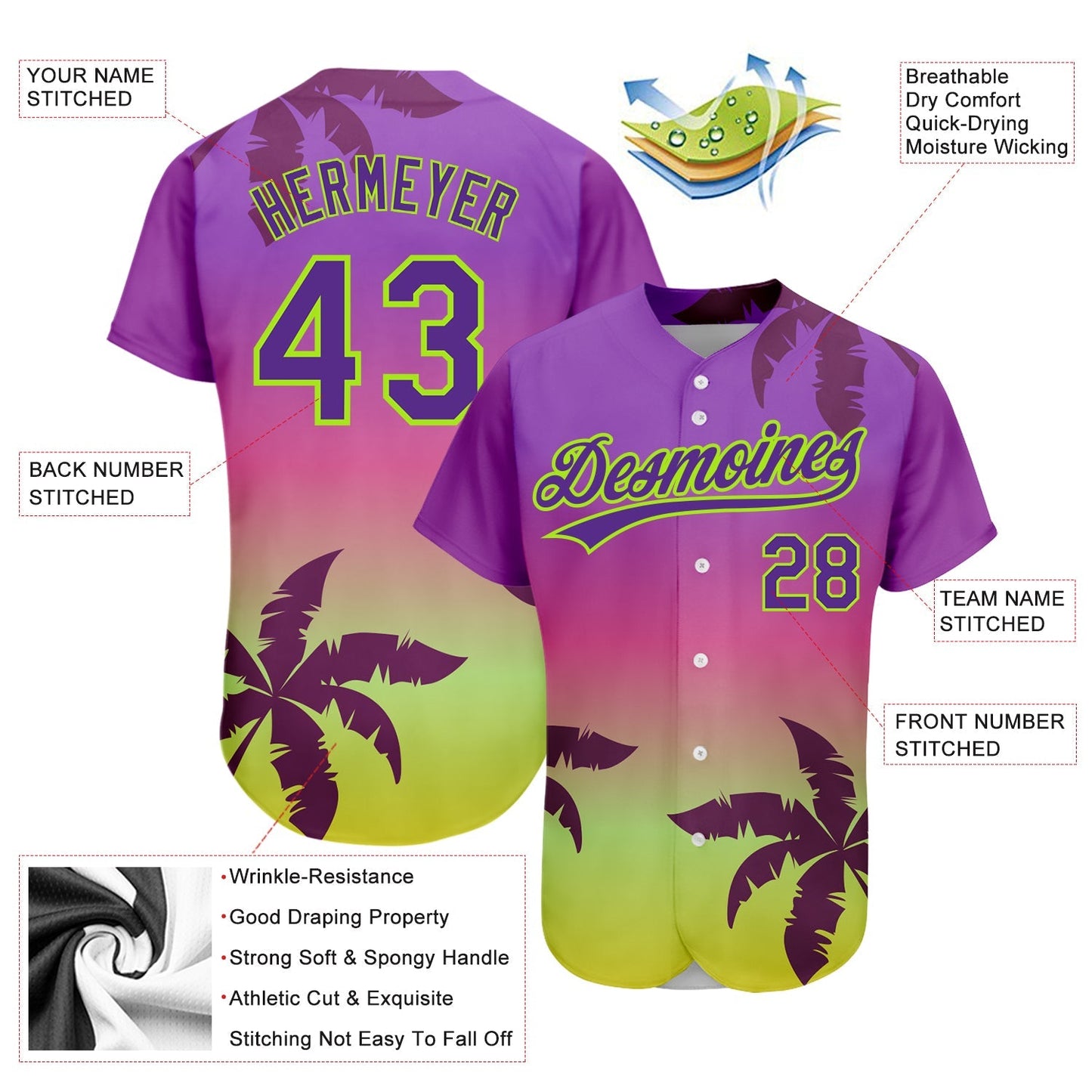 Custom Purple Neon Green 3D Pattern Design Hawaii Palm Trees Authentic Baseball Jersey baseball jersey product view 3