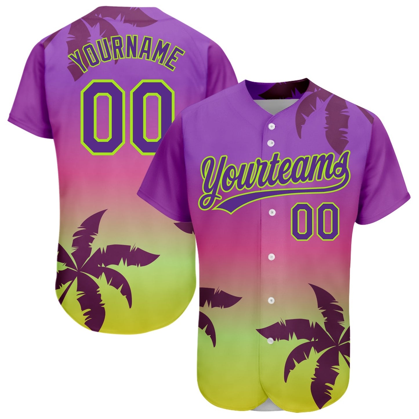 Custom Purple Neon Green 3D Pattern Design Hawaii Palm Trees Authentic Baseball Jersey baseball jersey product view 1