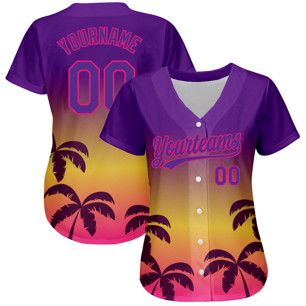 Custom Purple Hot Pink 3D Pattern Design Hawaii Palm Trees Authentic Baseball Jersey baseball jersey product view 2