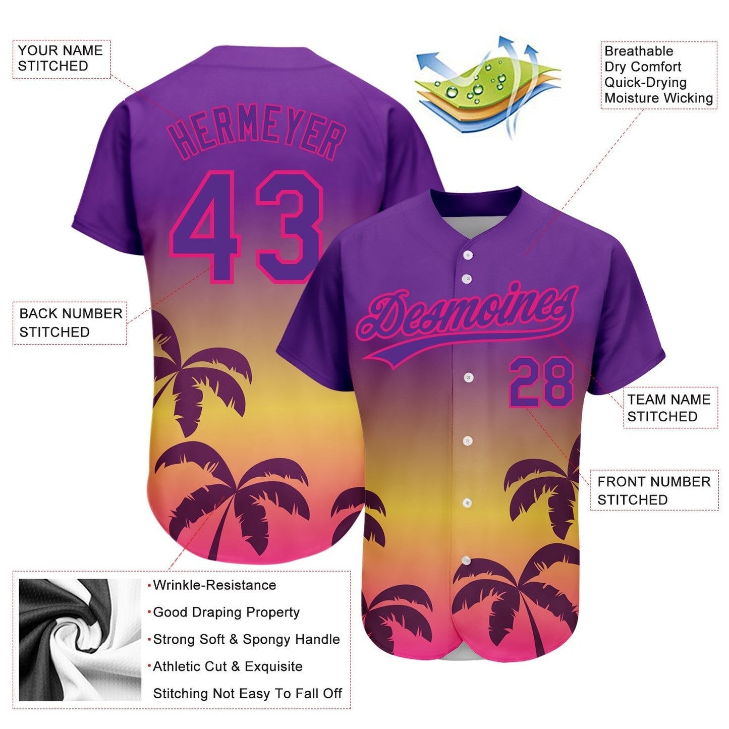 Custom Purple Hot Pink 3D Pattern Design Hawaii Palm Trees Authentic Baseball Jersey baseball jersey product view 3