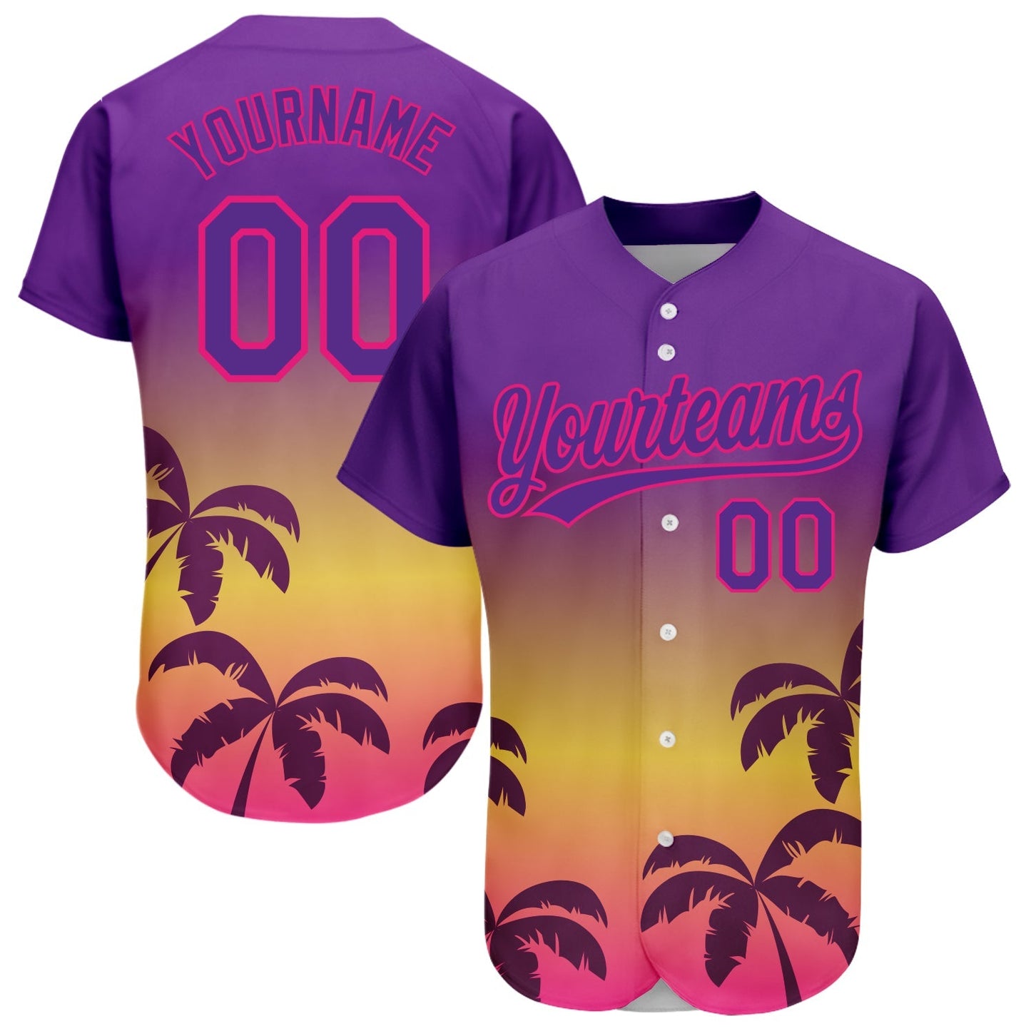 Custom Purple Hot Pink 3D Pattern Design Hawaii Palm Trees Authentic Baseball Jersey baseball jersey product view 1