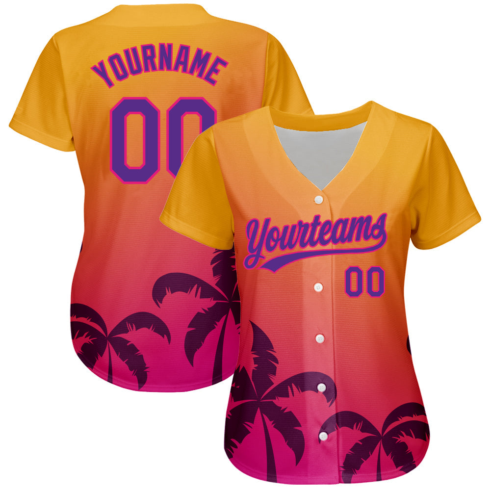 Custom Gold Purple-Hot Pink 3D Pattern Design Hawaii Palm Trees Authentic Baseball Jersey baseball jersey product view 2