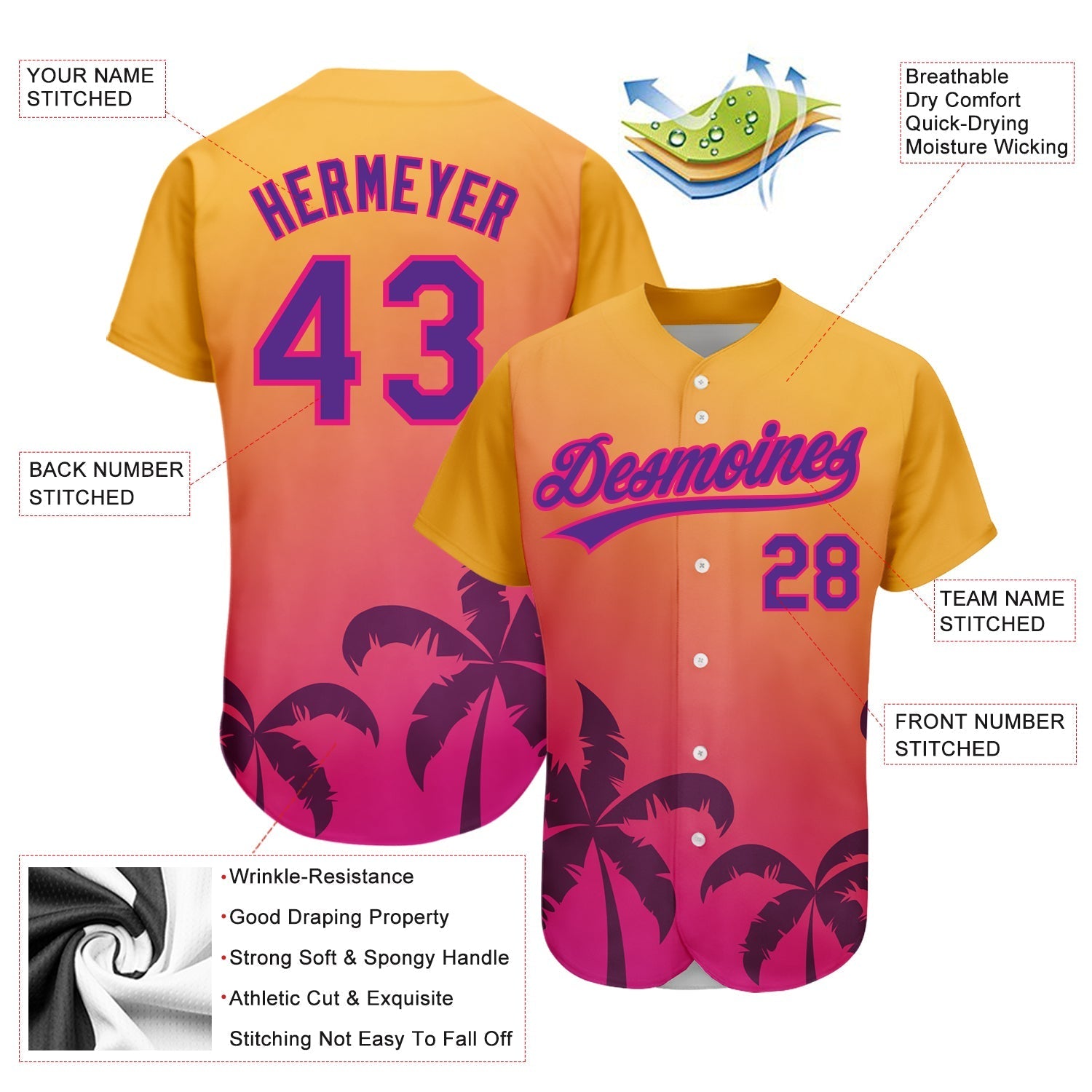 Custom Gold Purple-Hot Pink 3D Pattern Design Hawaii Palm Trees Authentic Baseball Jersey baseball jersey product view 3
