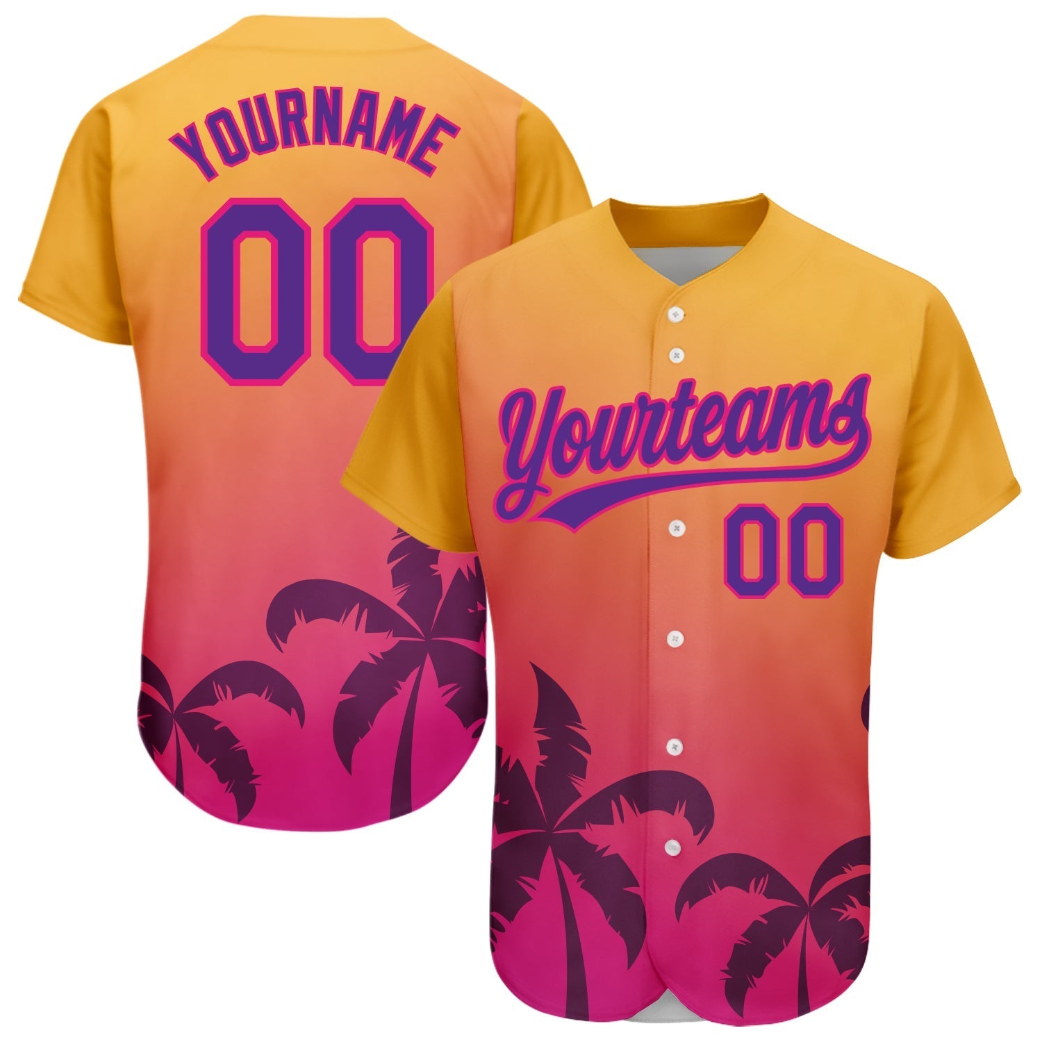 Custom Gold Purple-Hot Pink 3D Pattern Design Hawaii Palm Trees Authentic Baseball Jersey baseball jersey product view 1