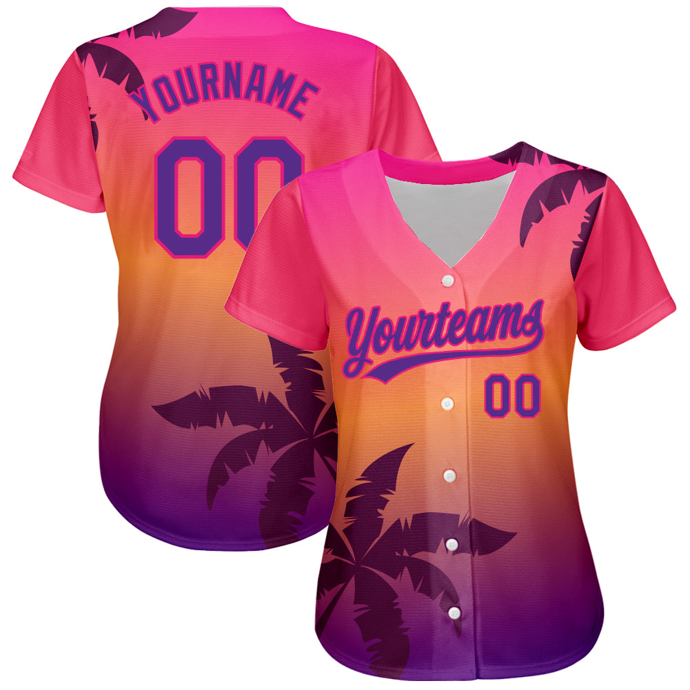 Custom Hot Pink Purple 3D Pattern Design Hawaii Palm Trees Authentic Baseball Jersey baseball jersey product view 3