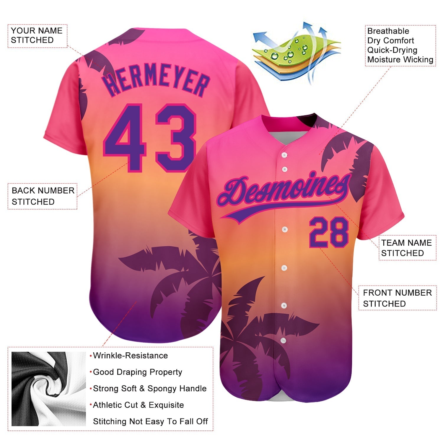 Custom Hot Pink Purple 3D Pattern Design Hawaii Palm Trees Authentic Baseball Jersey baseball jersey product view 4