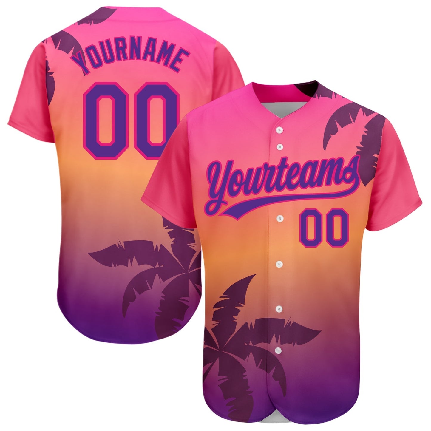 Custom Hot Pink Purple 3D Pattern Design Hawaii Palm Trees Authentic Baseball Jersey baseball jersey product view 1