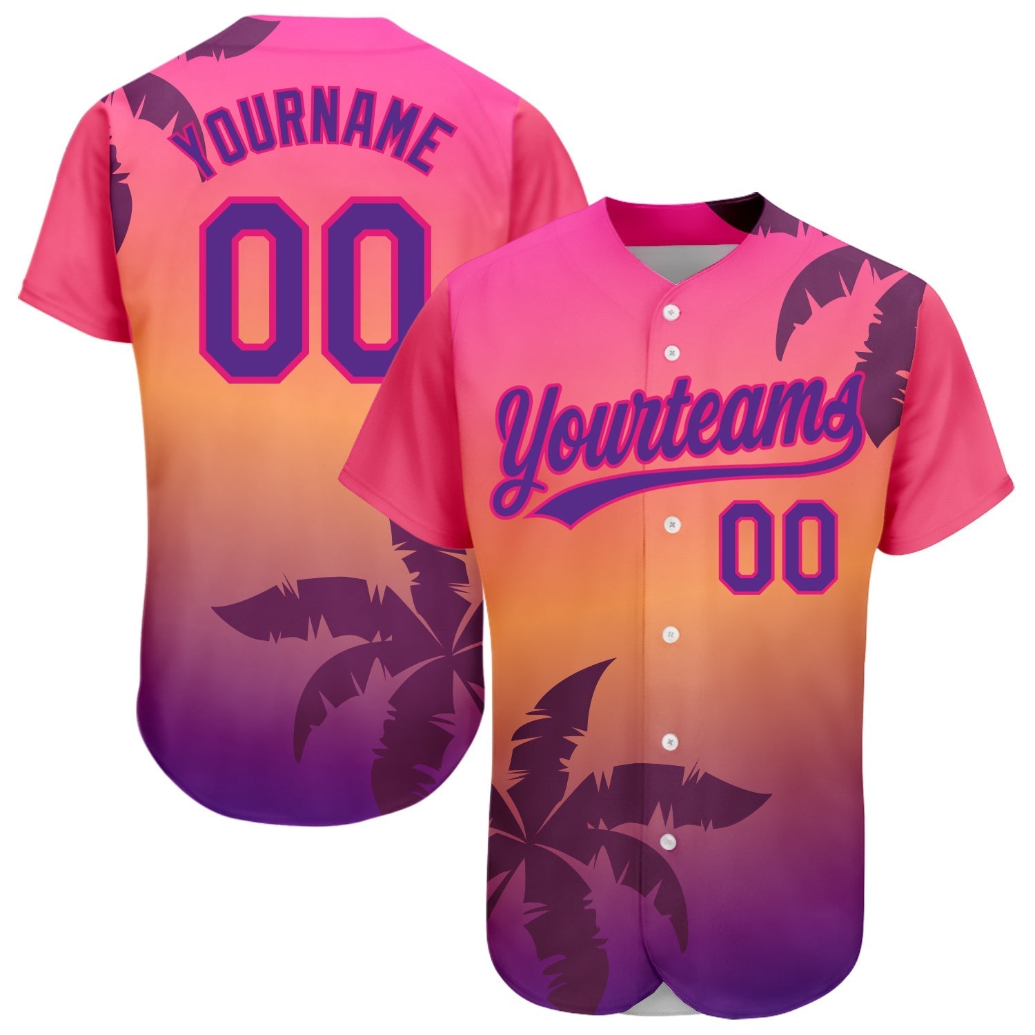 Custom Hot Pink Purple 3D Pattern Design Hawaii Palm Trees Authentic Baseball Jersey baseball jersey product view 1