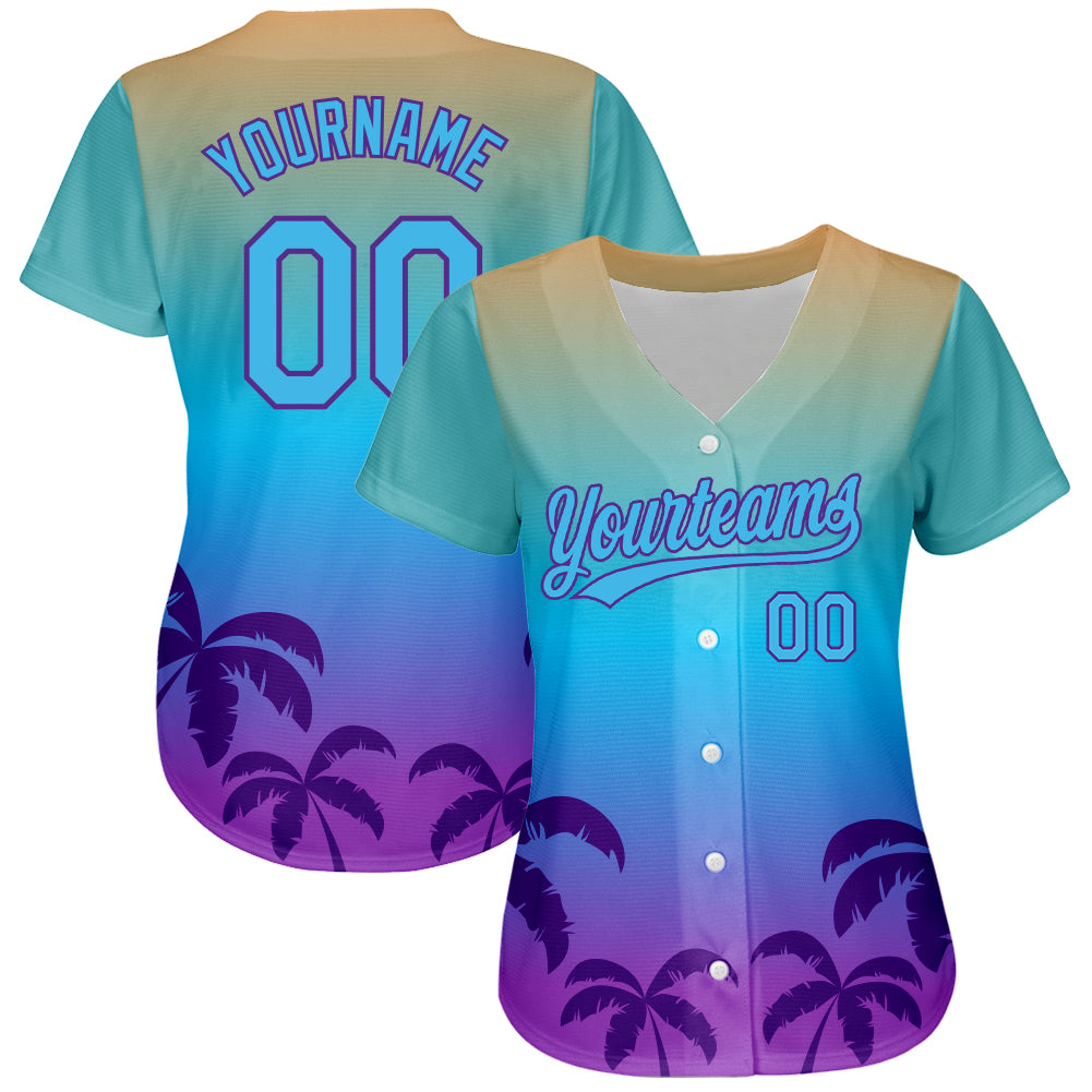 Custom Sky Blue Purple 3D Pattern Design Hawaii Palm Trees Authentic Baseball Jersey baseball jersey product view 2
