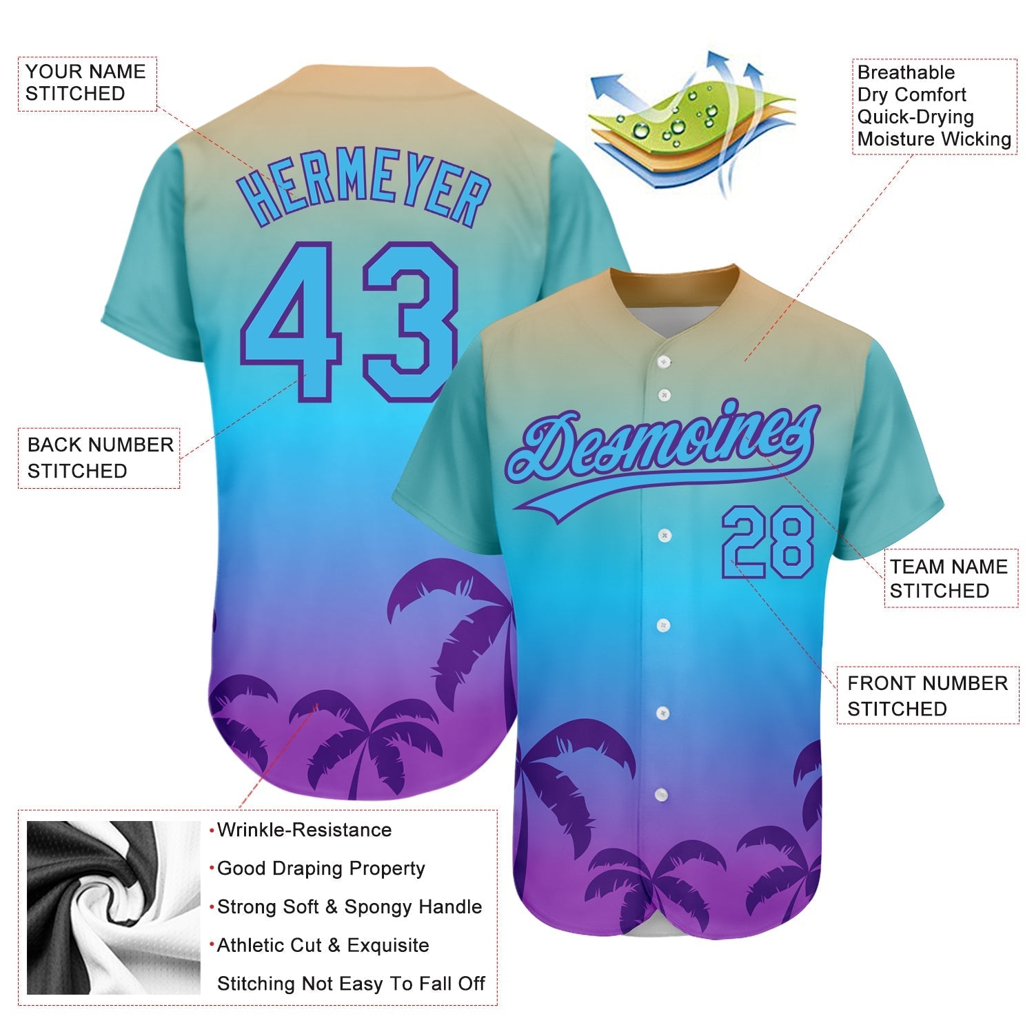 Custom Sky Blue Purple 3D Pattern Design Hawaii Palm Trees Authentic Baseball Jersey baseball jersey product view 3