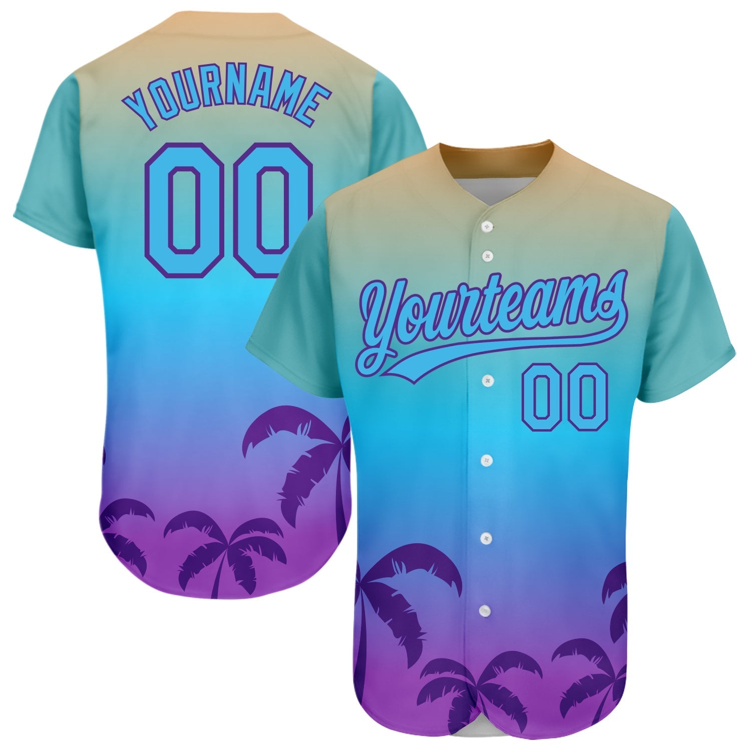 Custom Sky Blue Purple 3D Pattern Design Hawaii Palm Trees Authentic Baseball Jersey baseball jersey product view 1
