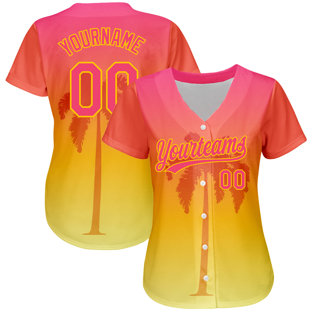 Custom Neon Pink Yellow 3D Pattern Design Hawaii Palm Trees Authentic Baseball Jersey baseball jersey product view 2