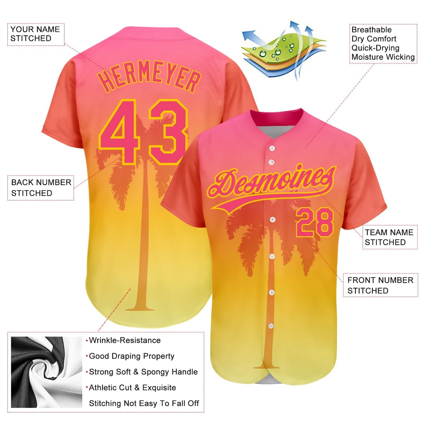 Custom Neon Pink Yellow 3D Pattern Design Hawaii Palm Trees Authentic Baseball Jersey baseball jersey product view 3
