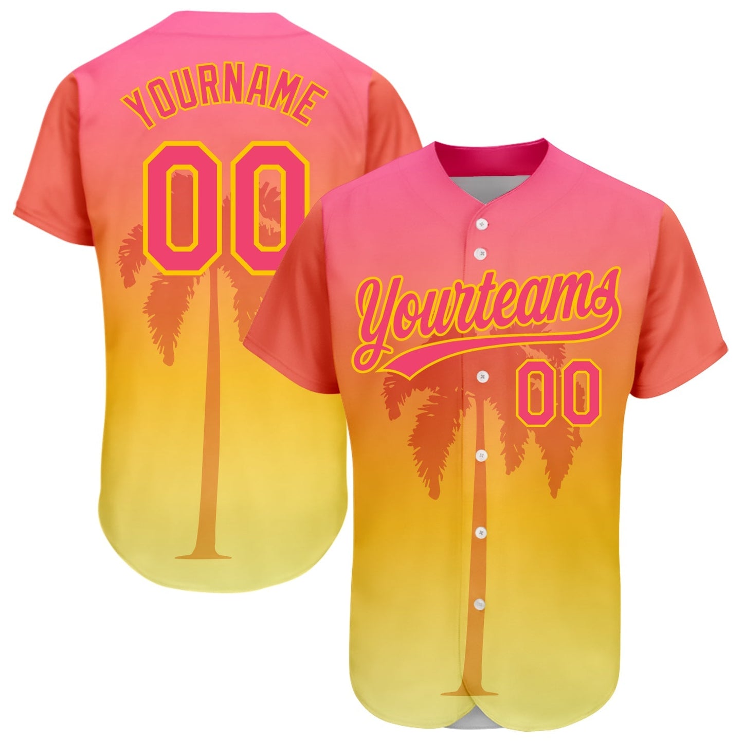 Custom Neon Pink Yellow 3D Pattern Design Hawaii Palm Trees Authentic Baseball Jersey baseball jersey product view 1