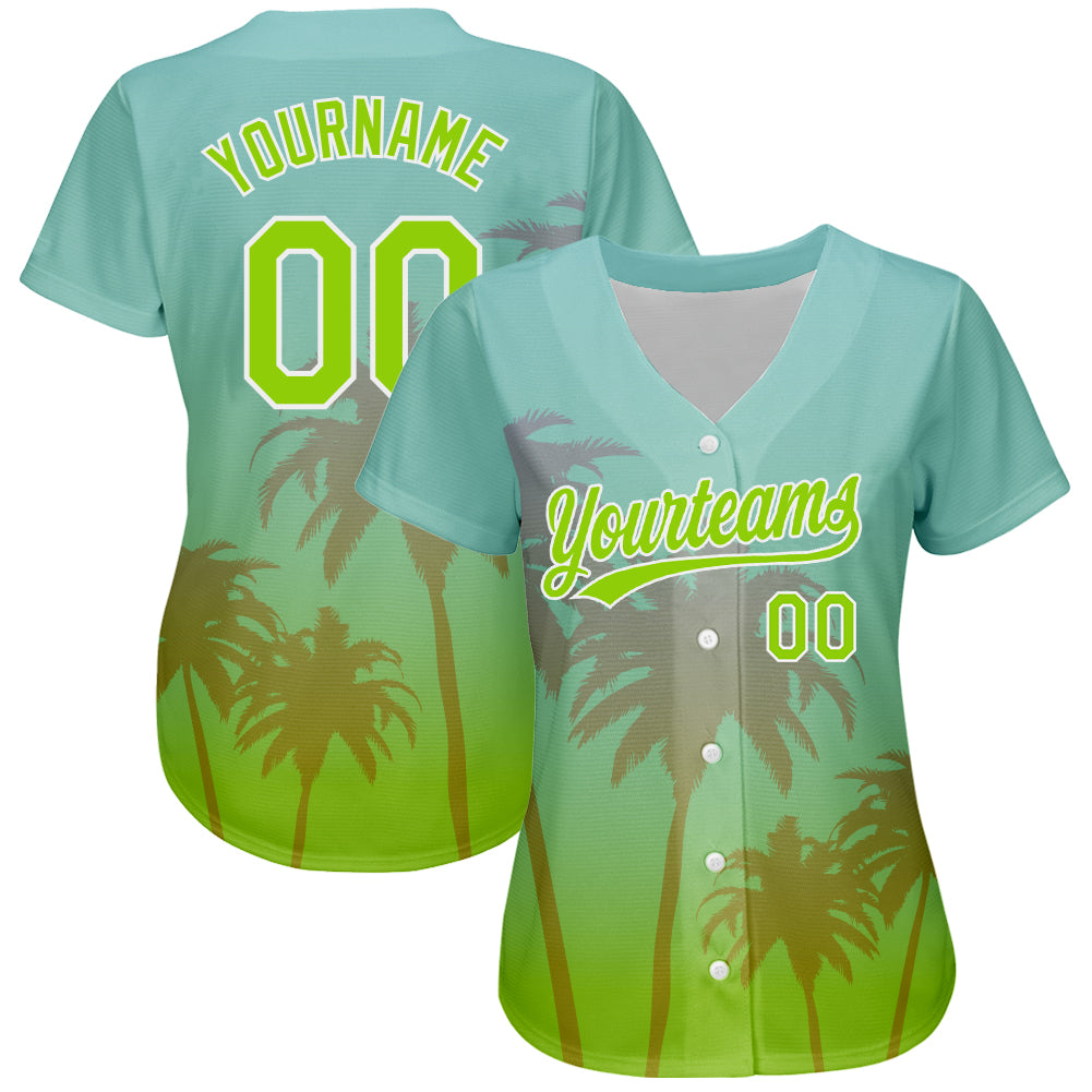 Custom Aqua Neon Green-White 3D Pattern Design Hawaii Palm Trees Authentic Baseball Jersey baseball jersey product view 2
