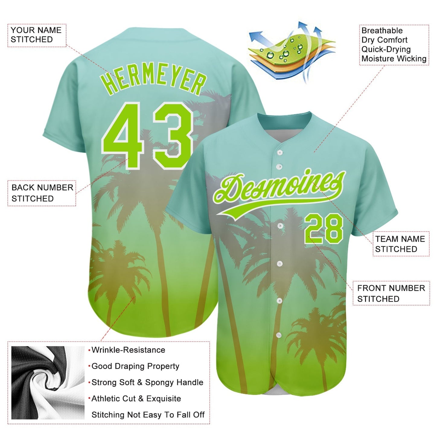 Custom Aqua Neon Green-White 3D Pattern Design Hawaii Palm Trees Authentic Baseball Jersey baseball jersey product view 3