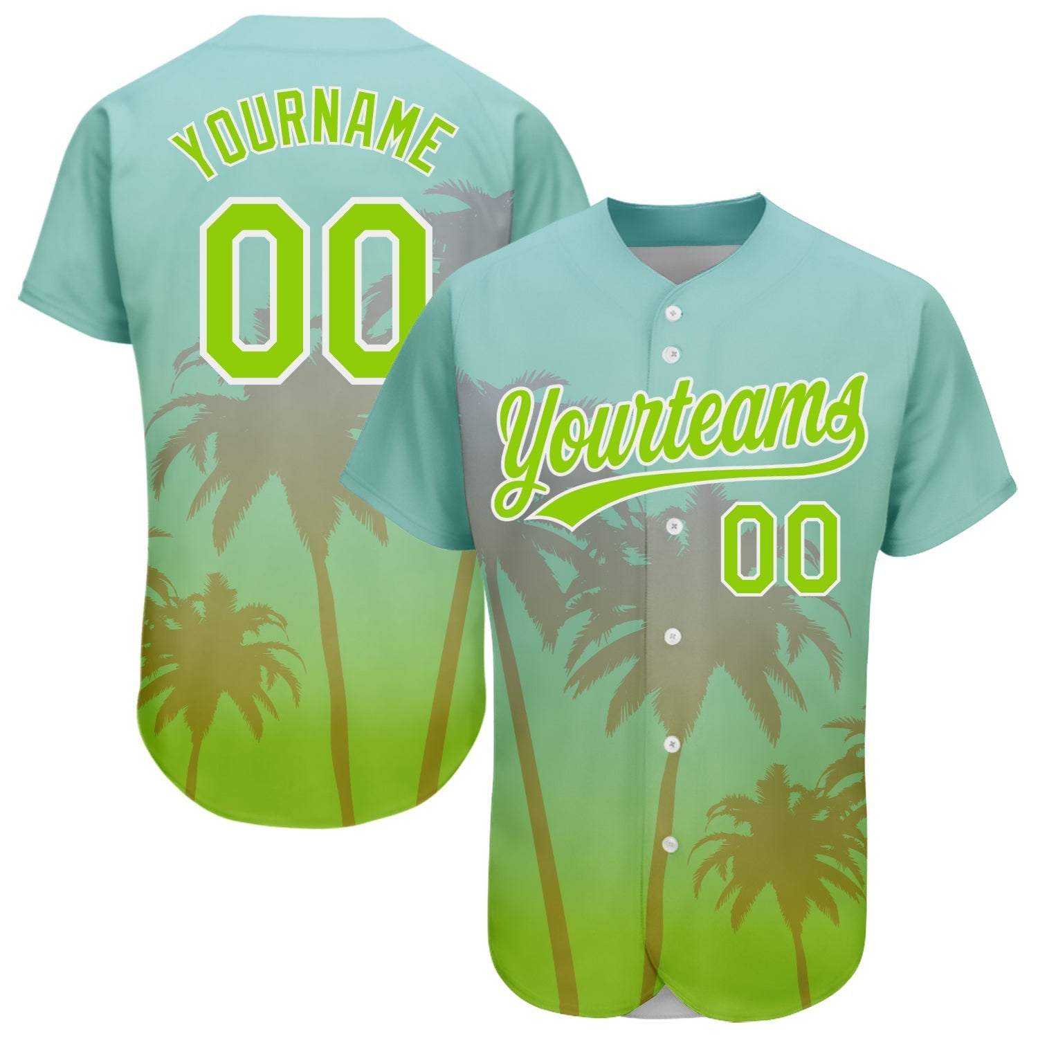 Custom Aqua Neon Green-White 3D Pattern Design Hawaii Palm Trees Authentic Baseball Jersey baseball jersey product view 1