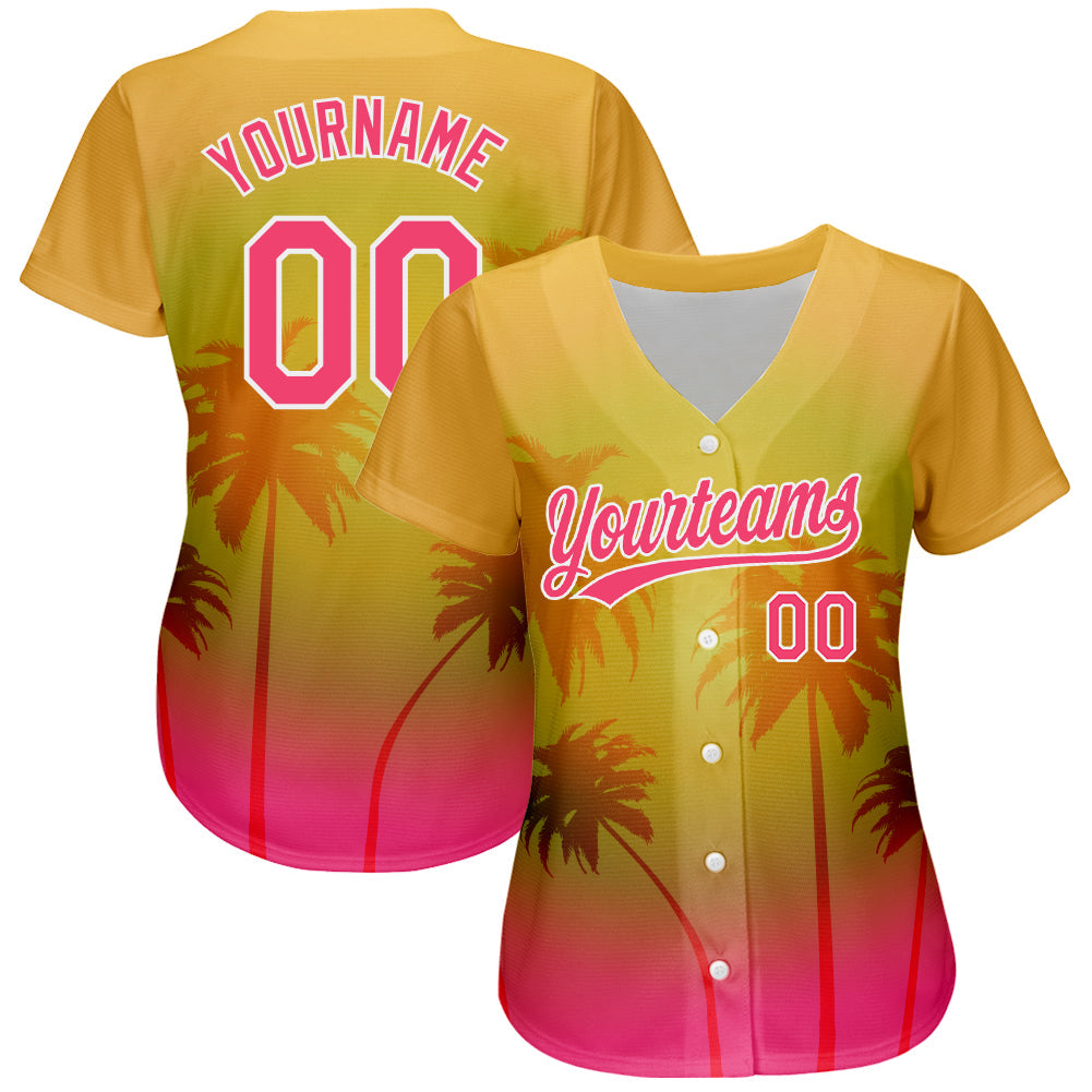 Custom Gold Neon Pink-White 3D Pattern Design Hawaii Palm Trees Authentic Baseball Jersey baseball jersey product view 2