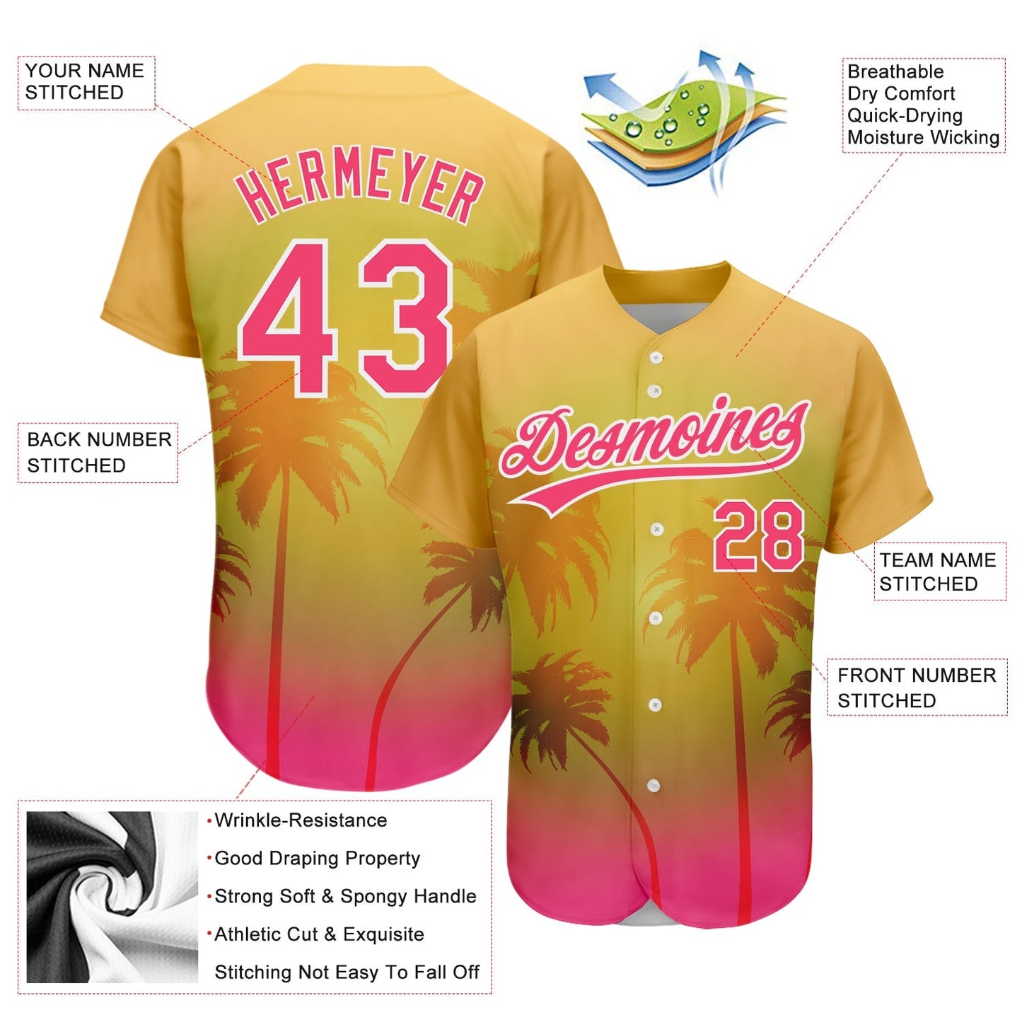 Custom Gold Neon Pink-White 3D Pattern Design Hawaii Palm Trees Authentic Baseball Jersey baseball jersey product view 3