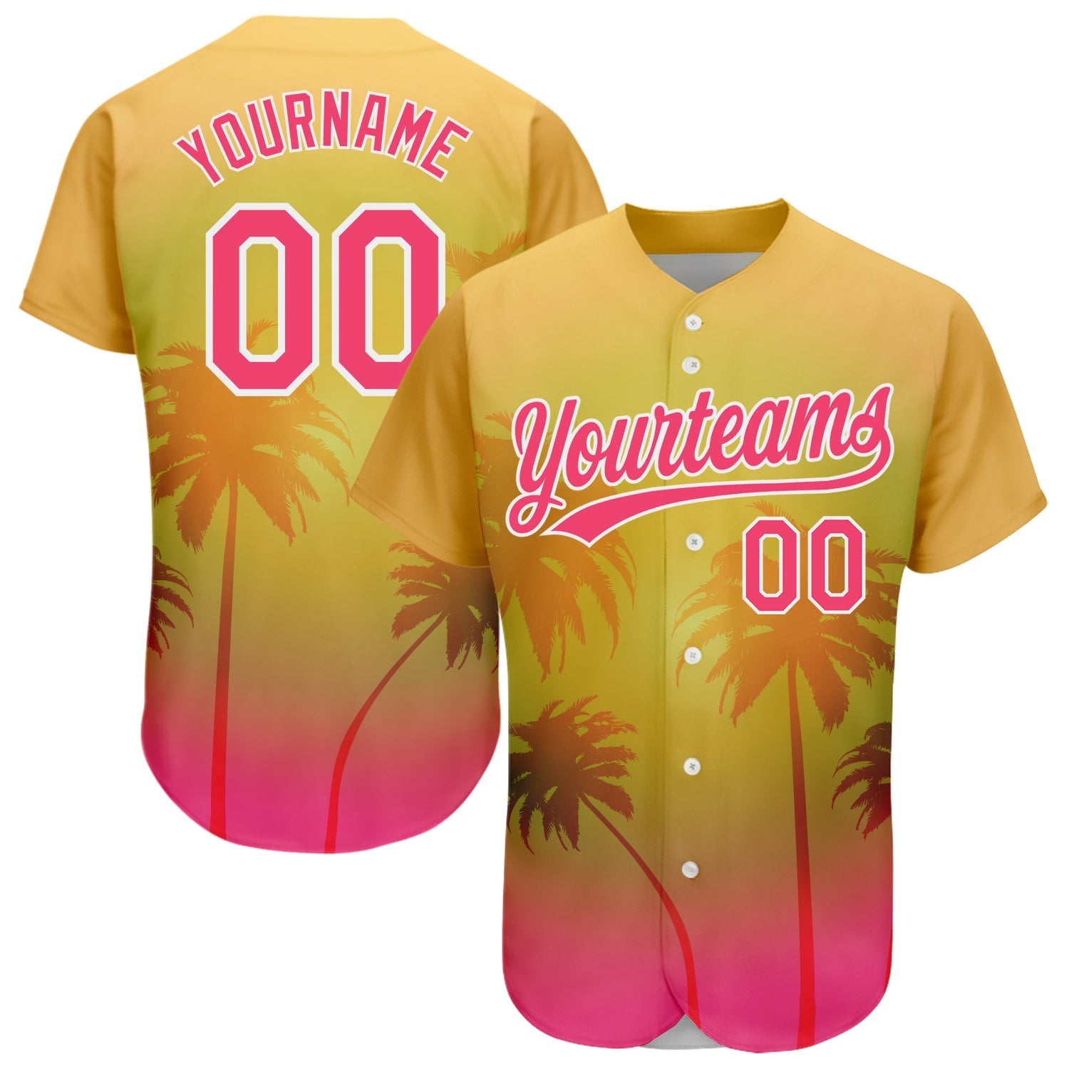 Custom Gold Neon Pink-White 3D Pattern Design Hawaii Palm Trees Authentic Baseball Jersey baseball jersey product view 1