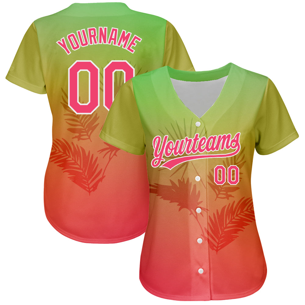 Custom Neon Green Neon Pink-White 3D Pattern Design Hawaii Palm Leaves Authentic Baseball Jersey baseball jersey product view 2